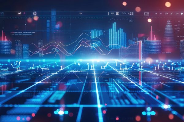 Minimalist border style blue digital background with data science and technology elements, charts, graphs, code lines, vector illustration.